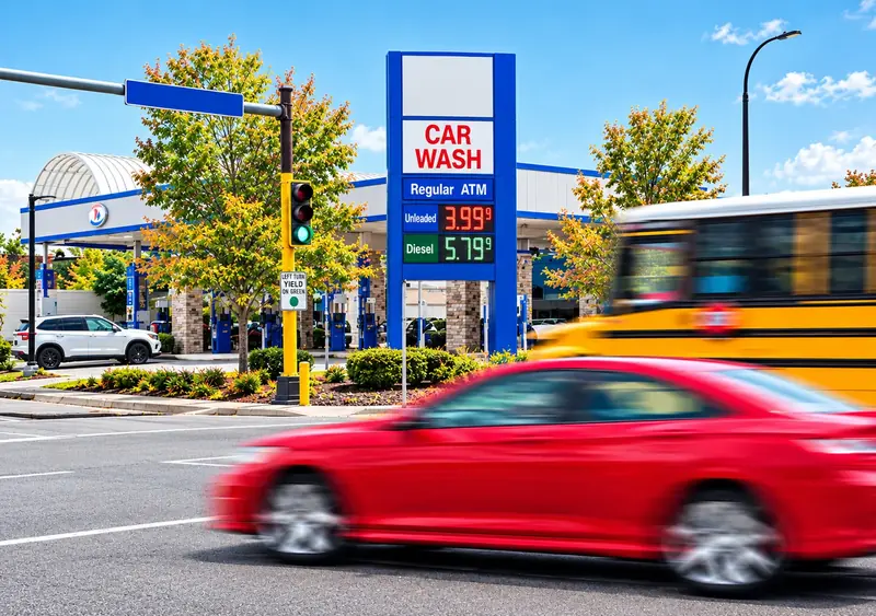 Gas station and passing traffic on a busy road